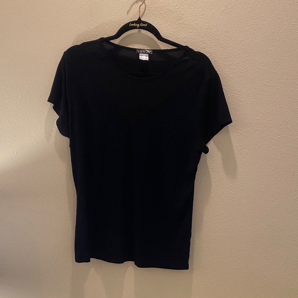 VENUS Black Short Sleeve Crewneck Blouse with mesh V by Neck